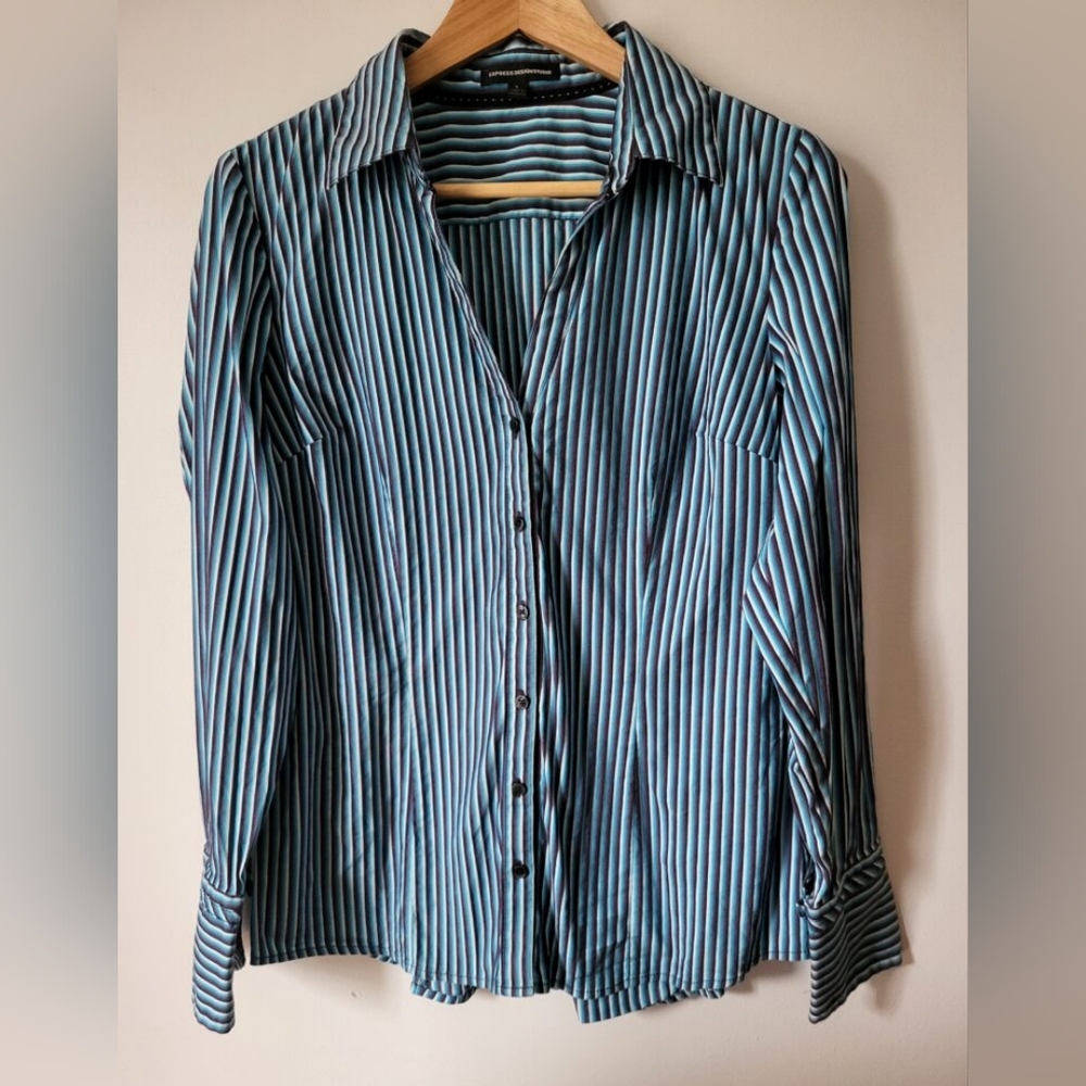 EXPRESS DESIGN STUDIO Striped Blue Cotton Blend Shirt